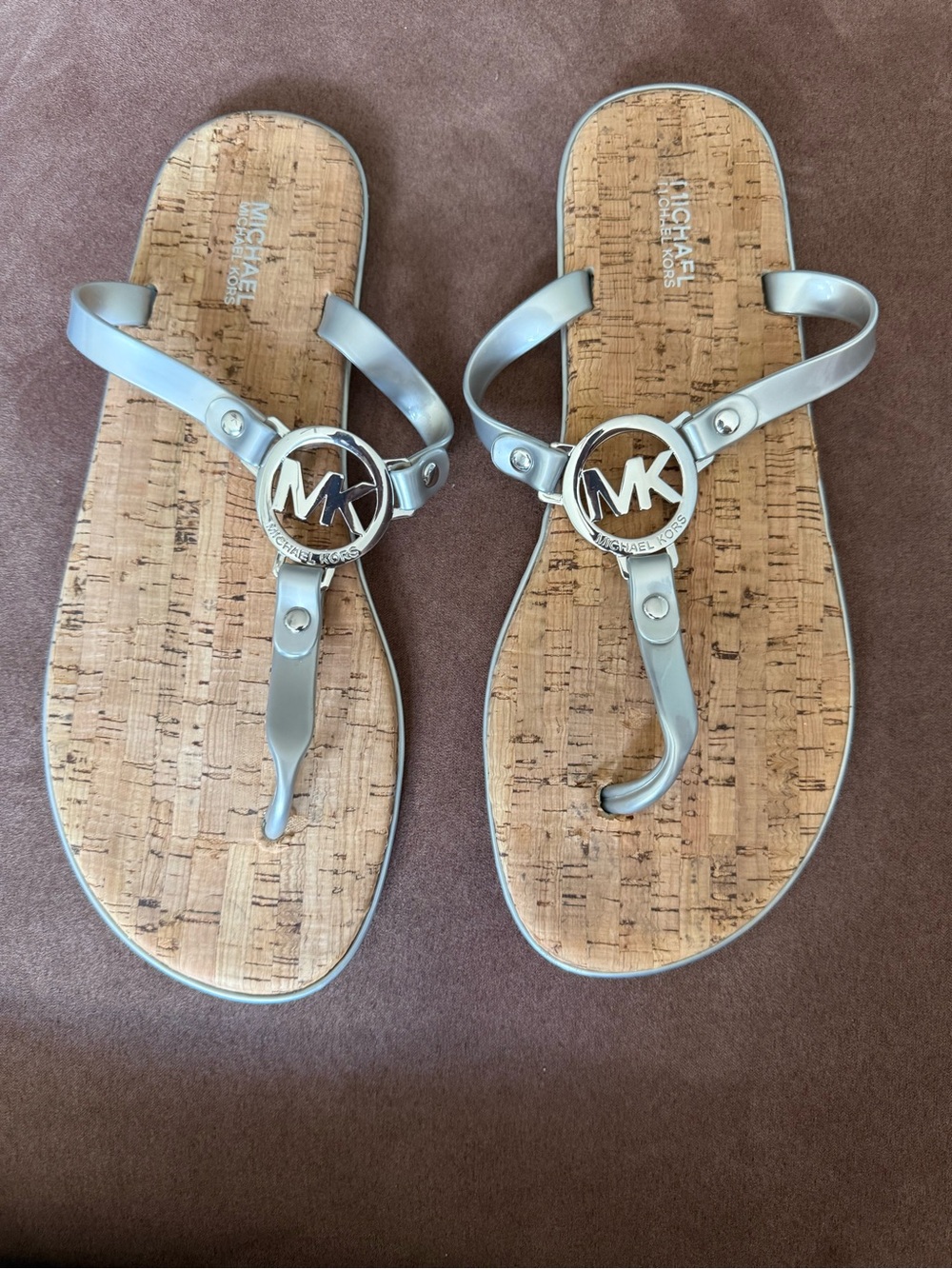 Michael Kors Silver Metallic MK Logo Cork Thong Sandals
